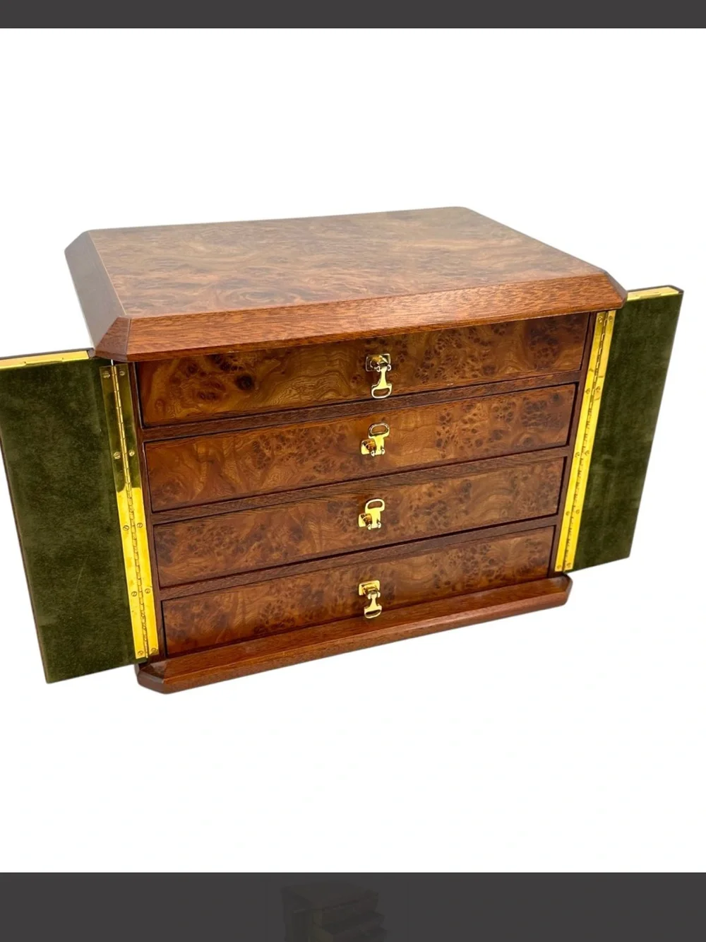 Gucci Italian Burl Wood Four Drawer Jewelry Chest with Gold Hardware